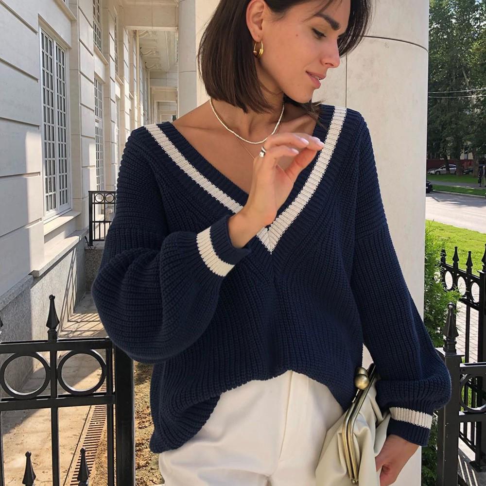 New Deep V-Neck Commuting Knitted Sweater - Autumn/Winter Loose Off-Shoulder Style for Women