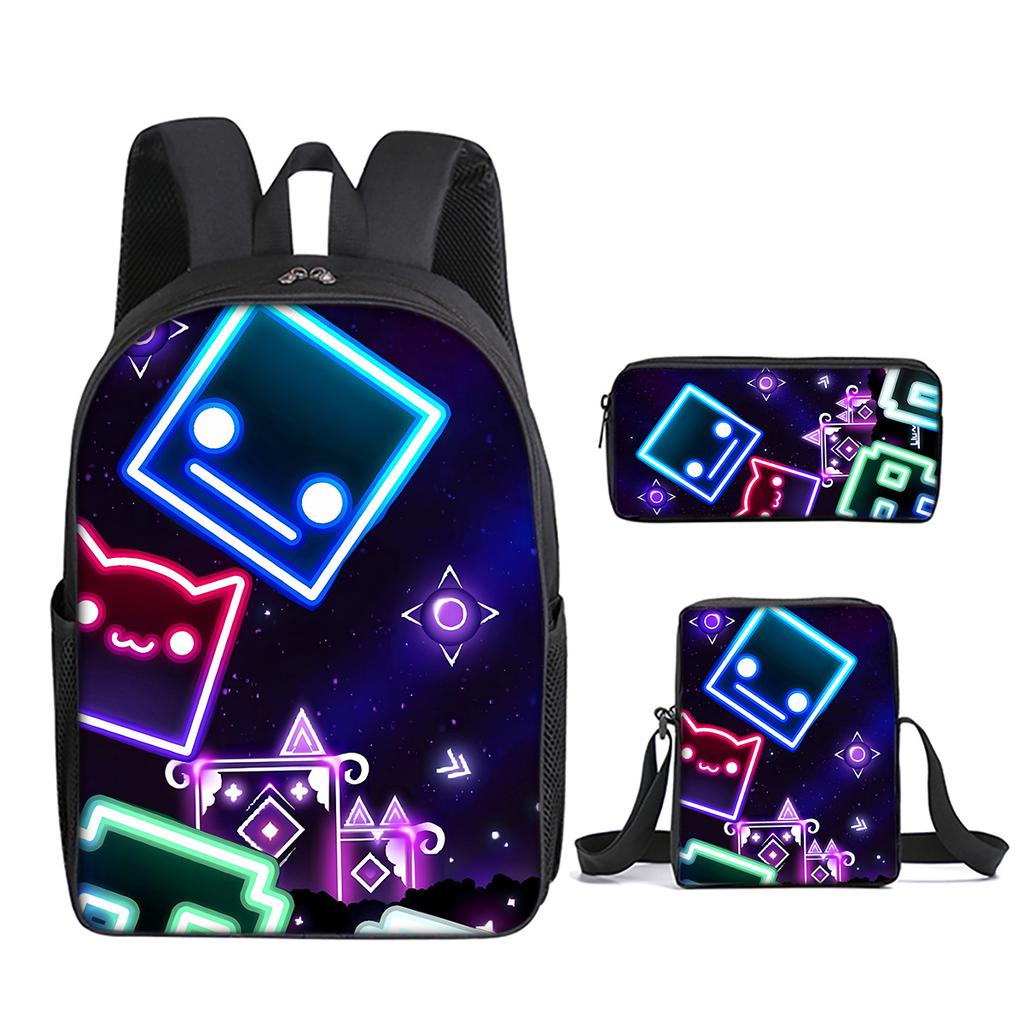 Classic Popular New Geometry Dash 3D Print 3pcs/Set pupil School Bags Laptop Daypack Backpack Inclined shoulder bag Pencil Case