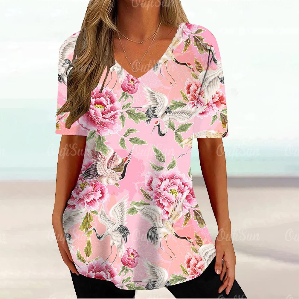 Summer V-neck 3D Floral Printed Top Fashionable Casual Short Sleeved Women's T-shirts