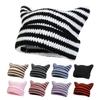 Women Autumn Winter Woolen Pure Handmade Knitted Warmth Pullover Striped Cat Hat