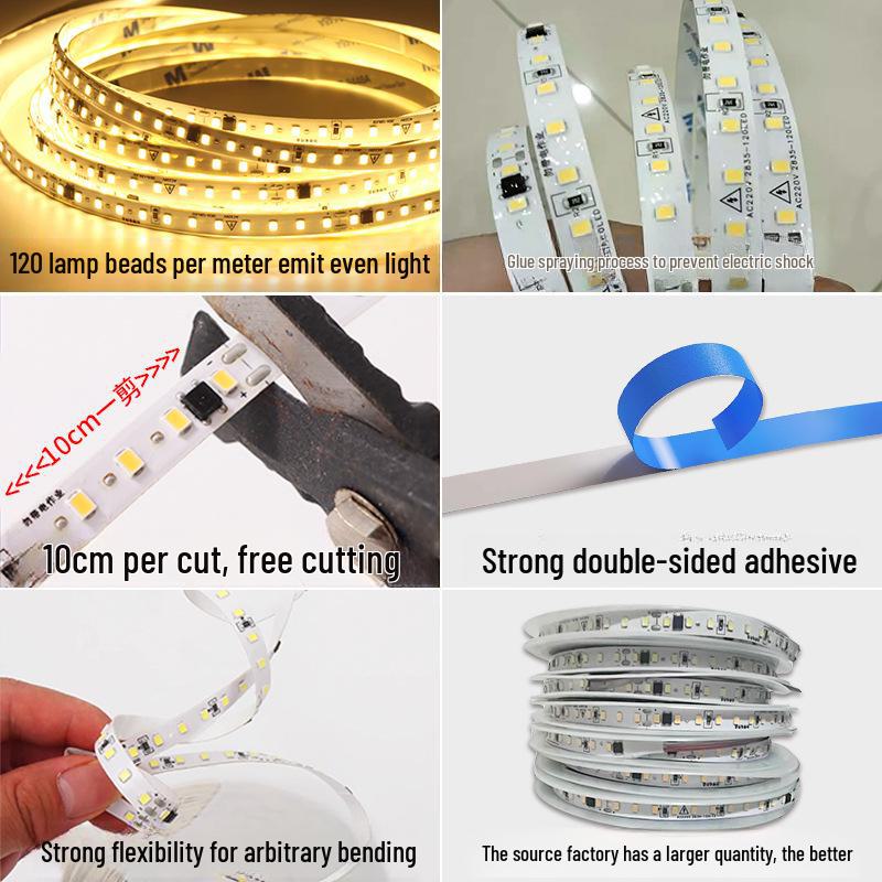220V LED Self-Adhesive Linear Light Strip, 2835 Soft Light for Troughs and Counters, Driver-Free.