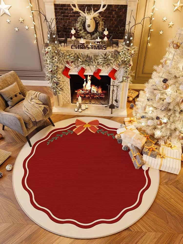VIKAMA Christmas Round Carpet Living Room Bedroom Festive Red Festive Atmosphere Decorated Christmas Tree Decoration