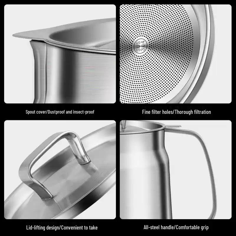 304 Stainless Steel Oil Filter Pot with Screen - Large Capacity Oil Storage and Residue Filtering Bottle