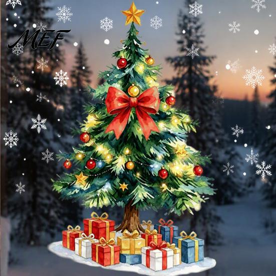 Creative Room Embellishments Christmas Tree Static Window Sticker, Waterproof PVC Decal, Watercolor Home Holiday Accents Snowflake Glass Clings