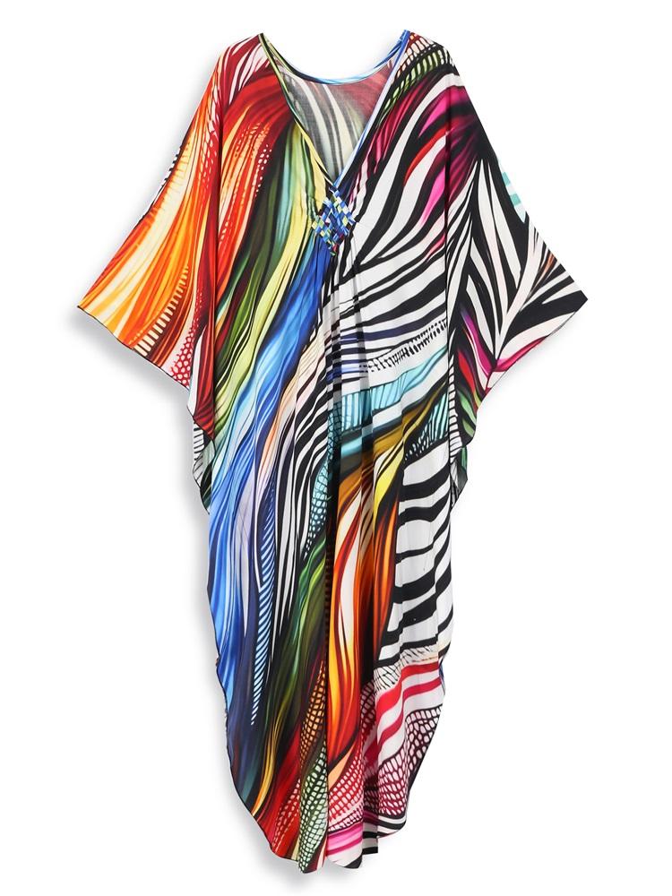 EDOLYNSA Colorful Striped Print Plus Size Retro Kaftan V-neck Side Split House Dress 2024 Summer Women's Beach Swimsuit Cover Up Q1628