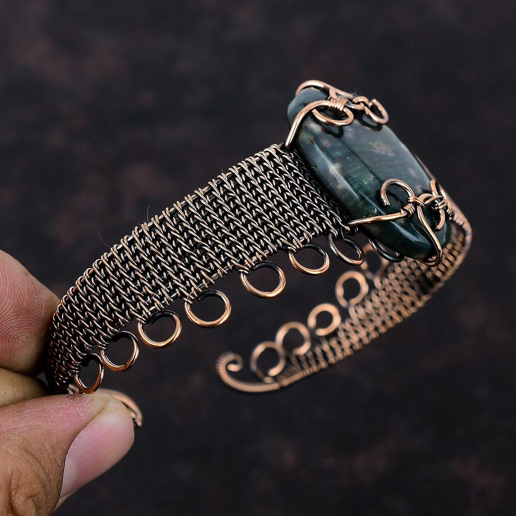 Браслет-манжета из океанической яшмы, браслет-манжета, обмотанный медной проволокой, регулируемый браслет-манжета, браслет из натурального драгоценного камня ручной работы, медные украшения, подарок для него