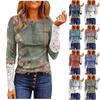 Women's Round Neckline With Buttons Autumn Slim Soild Printed Stitching Lace Long Sleeve Top