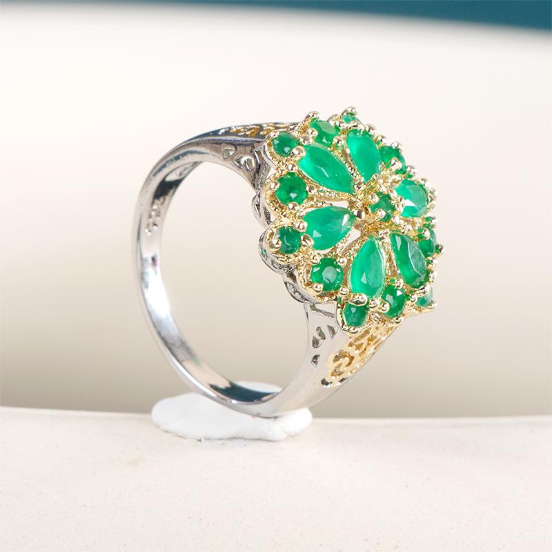 Bella Box Luxury Emerald Two Tone Electroplated Flower Ring Shape Lady Dance Party Rings Statement Jewelry For Women