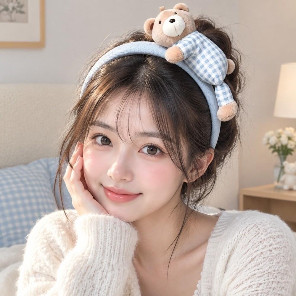 Elastic Plaid Headbands Fluffy Cartoon Bear Headwear Lay Down Bear Hairbands Face Washing