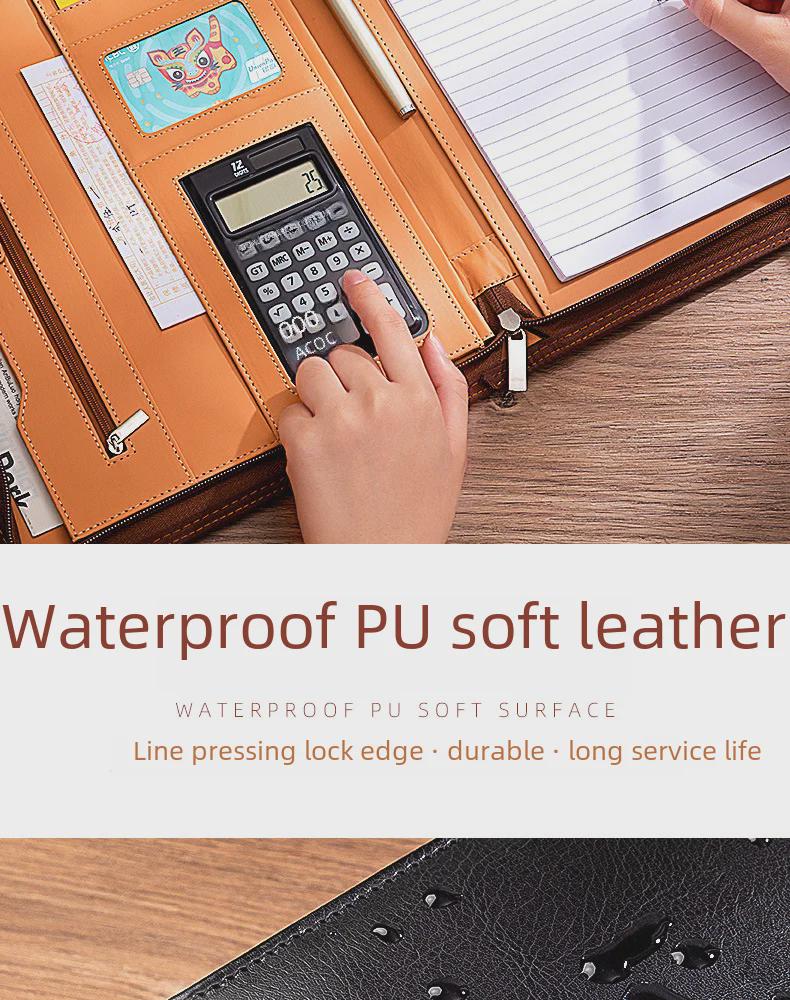 Кожаная папка для деловых бумаг формата А4 с калькулятором — портативная, многофункциональная папка на молнии для встреч с клиентами и проведения деловых операций