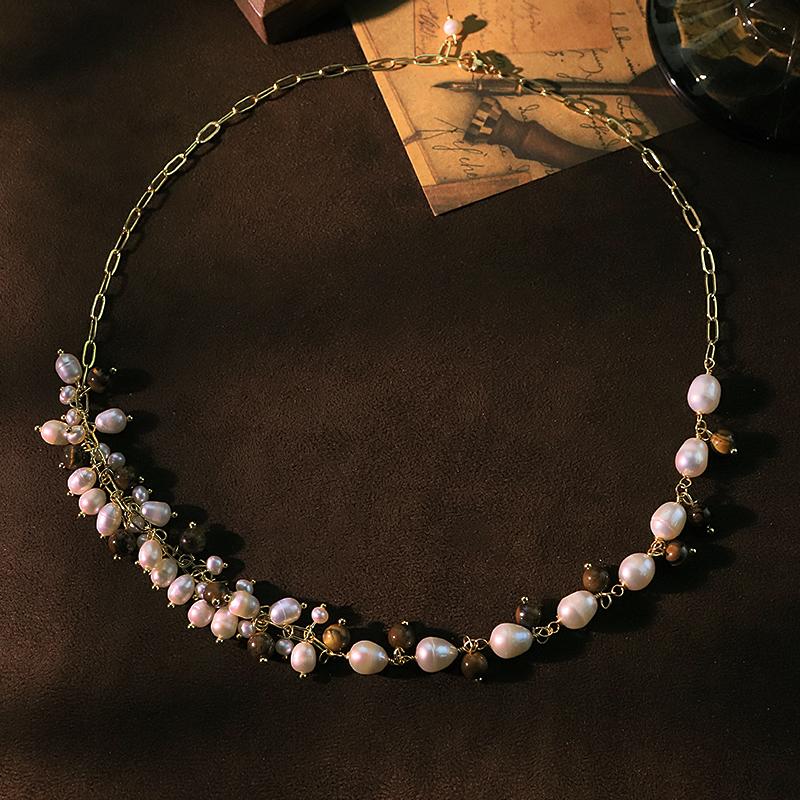 Natural Pearl Tiger Eye Stone Chain Necklace New Design Handmade Luxury Necklace Banquet Gift Women's Jewelry GN0871