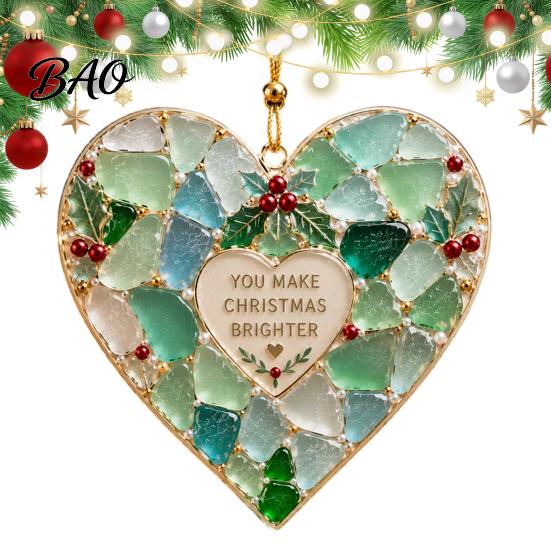 Seasonal Home Ornament 2Pcs Sea Glass Christmas Ornament, Seaglass Heart Bird Angel Tree Star Ocean Themed Hanging Ornaments Snowman Pendant, Handmade