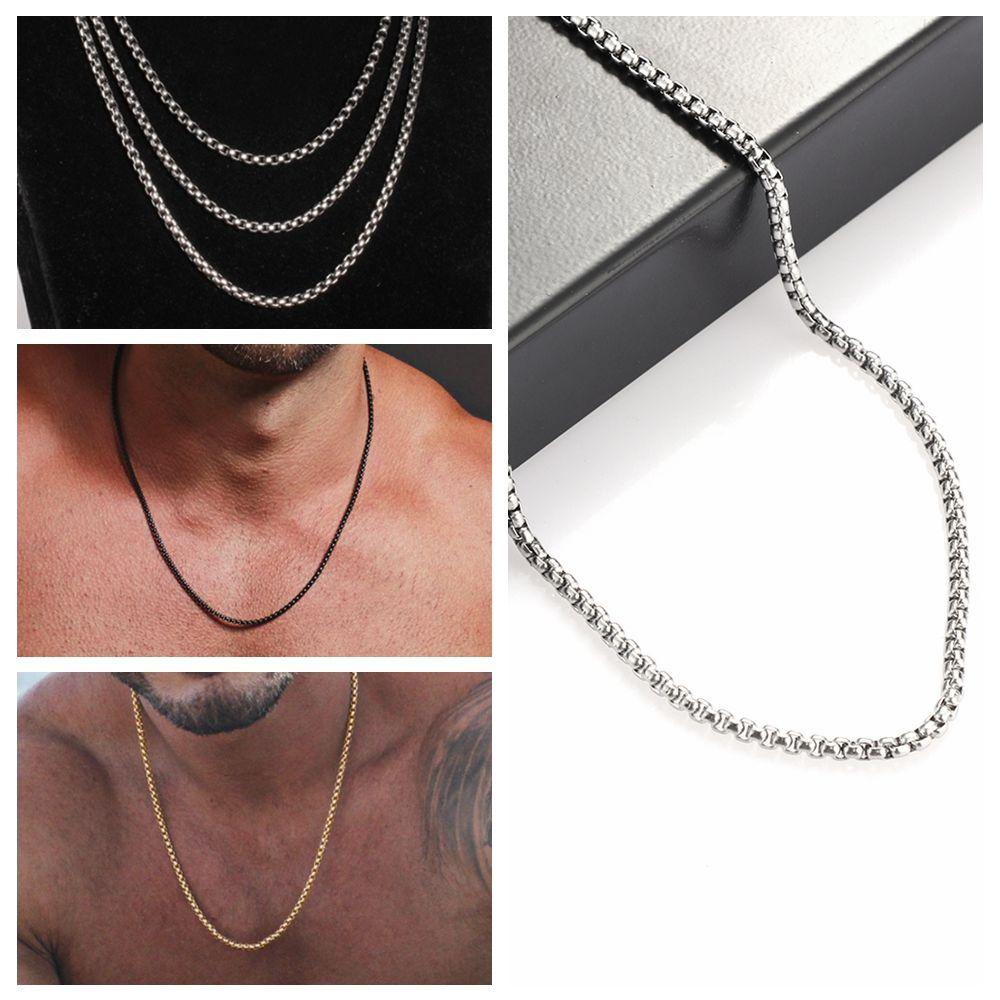 Fashion Gold/ Black/ Silver Simple Men Necklace Box Chains Square Beads Stainless Steel