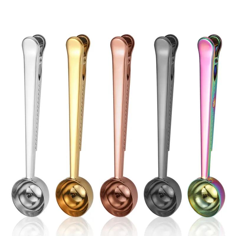 Многофункциональные кофейные ложки с зажимом, мерные ложки для муки и порошка, нержавеющая сталь, мерные ложки, зажим для запечатывания пищевых продуктов, многоразовые Ya1025