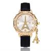 Casual Womens Watch Eiffel Tower Dial Pendant Leather Wristwatch Fashion Student Quartz Watch