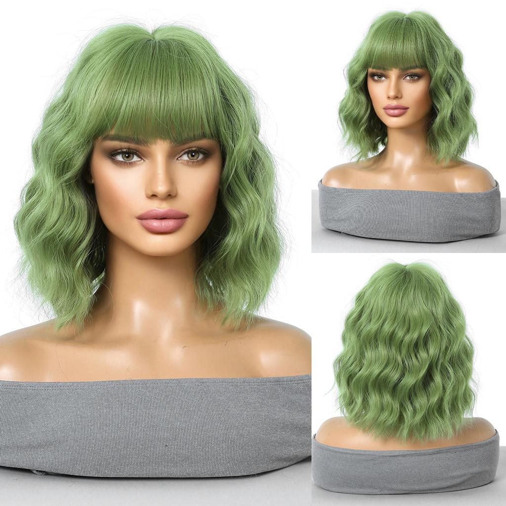 Women's Front Lace Heat Resistant Short Curly Wig with Blunt Bangs Ladies Fashion Natural Looking Golden Bobo Wig