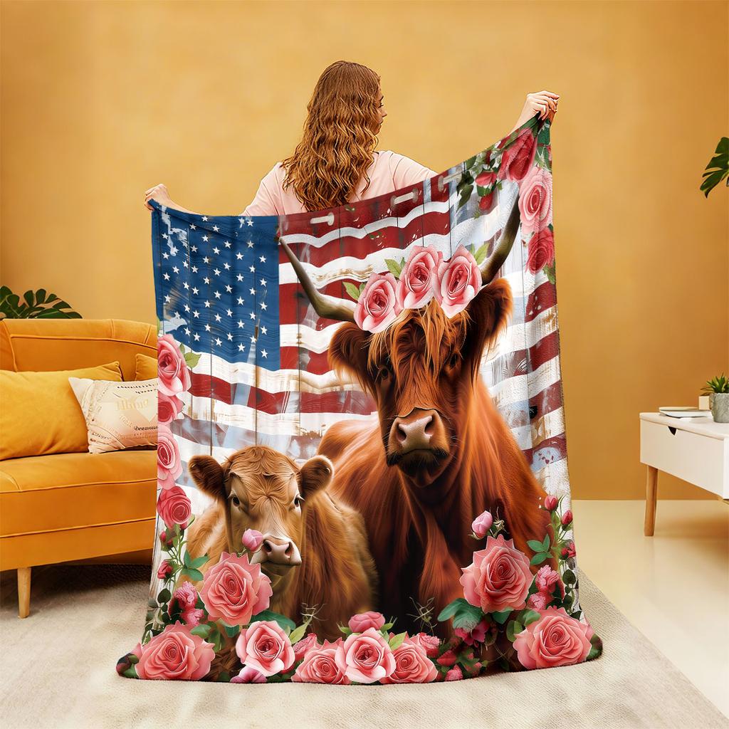 1pc Flower Highland Cow Printed Flannel Blanket Multi Size Casual Napping Soft Cover Carpet Machine Washable