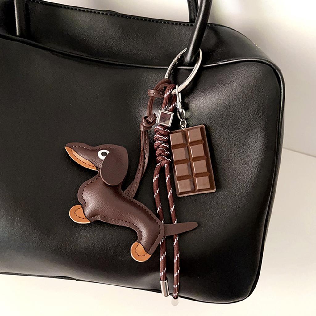 Vintage PU Leather Dachshund Keychain Pendant Cute Puppy Dog Charm Braided Rope Bag Pendant for Car Key Accessories