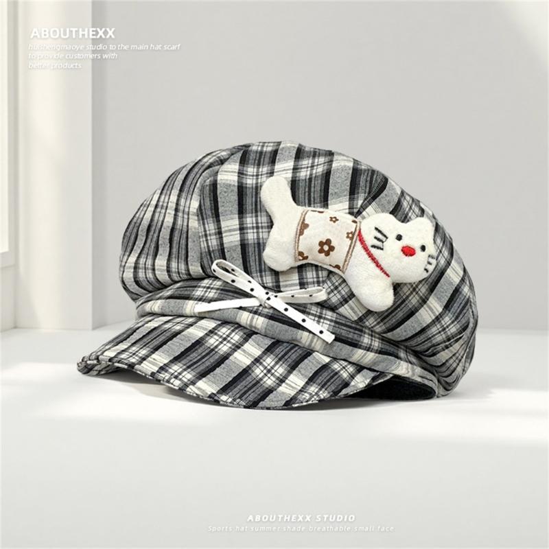 Берет в клетку 2000-х с милым дизайном из плюшевых кошек, восьмиугольная кепка-тракер в стиле аниме для женщин, модный головной убор на весну и осень