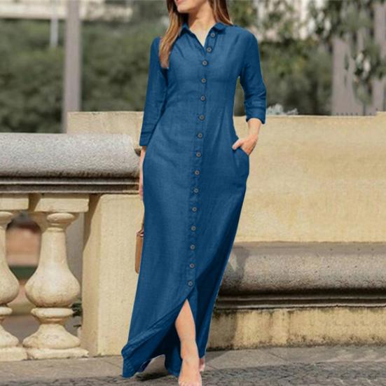 Spring Summer Women Dress Loose Pure Color Single-breasted Side Pockets Lapel V Neck Long Sleeves Split Hem Soft Breathable Casual Ankle Length