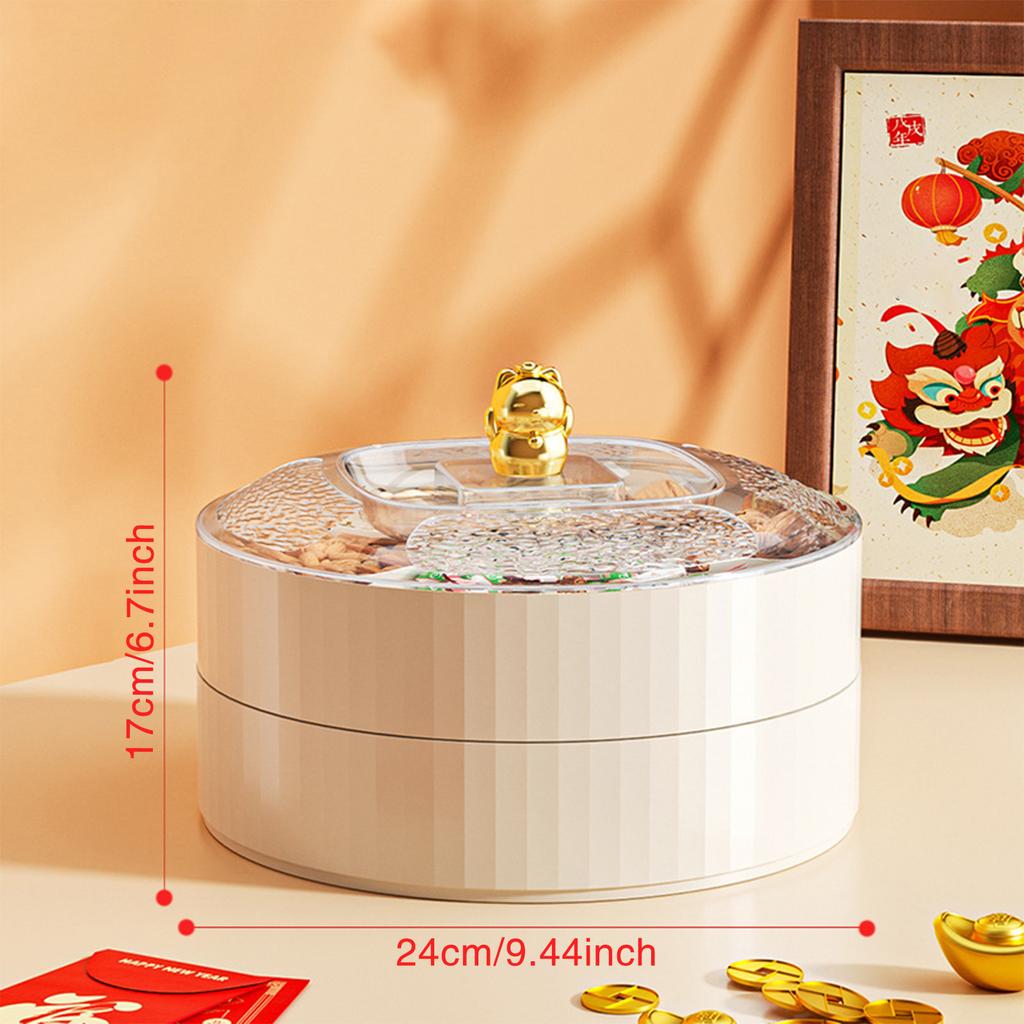 9,45-дюймовая двухслойная коробка для закусок, новогодний лоток для хранения фруктов, конфет, орехов, креативная крышка с рисунком счастливого кота, украшение для стола, фруктовая тарелка 2025