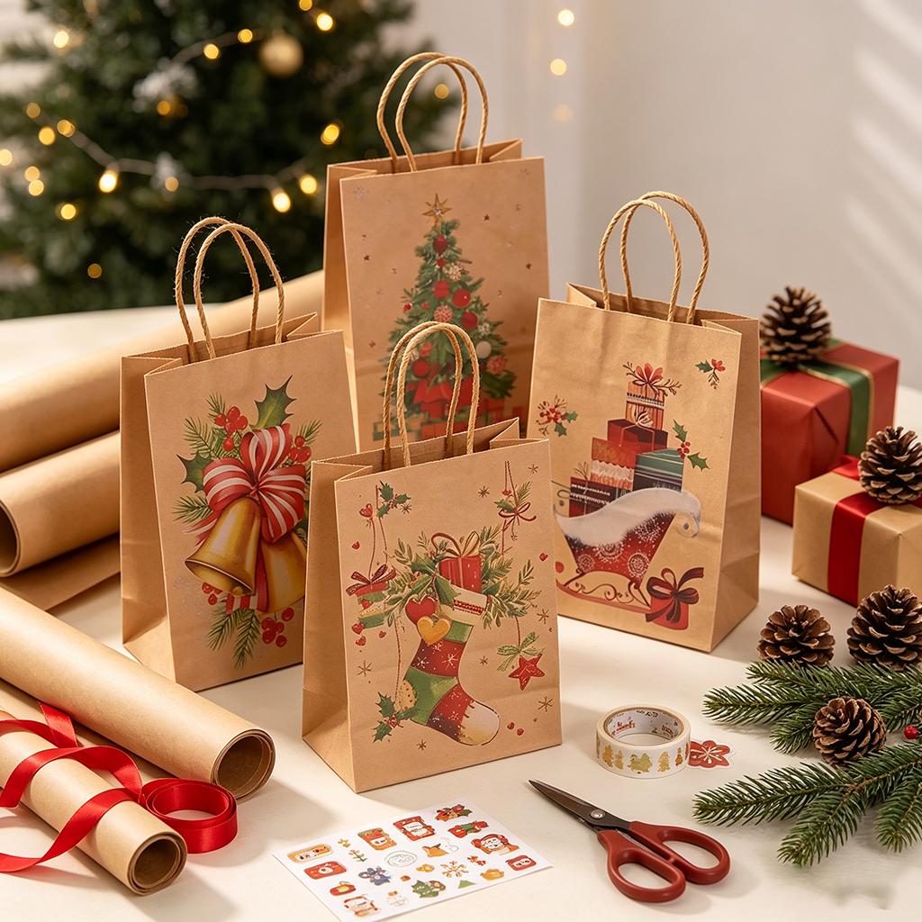 12-48PCS Christmas Kraft Paper Gift Bag Durable Handheld Eco Friendly Party Bag Recyclable Wrapping Bag for Holiday Celebration