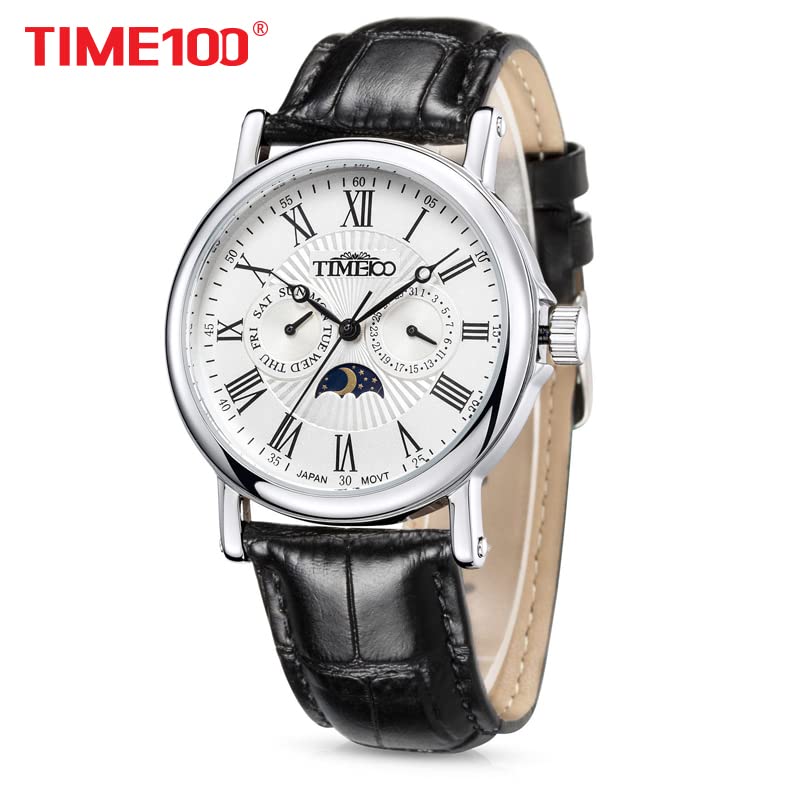 TIME100 Стильные 50-метровые водонепроницаемые спортивные кварцевые часы для серфинга с тремя стрелками и секундной стрелкой, модные кожаные наручные часы для мужчин, белые