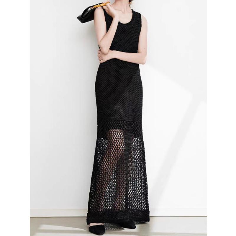 Fashion Sexy Hollow Out Mesh Pullover Summer Beach Dress Women's Knitted Sweaters See Through Casual Loose Sleeveless Dresses