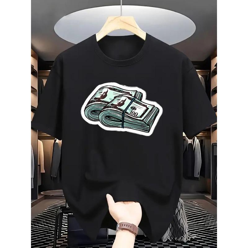 European Sizes Men's Black Short Sleeve T-Shirt with Dollar Bill Print - Casual Streetwear Style, Regular Fit, Summer Essential