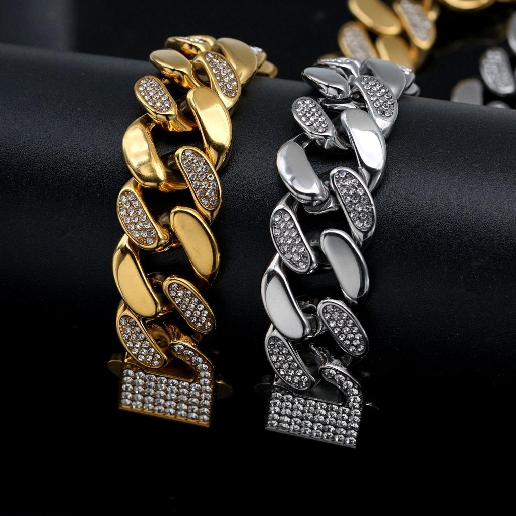Pvd 18k Gold Color Hip Hop 11MM 15MM 19MM Width 316 Stainless Steel with Two Rows Rhinestone Iced Out Cuban Link Chain Bracelet