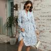 Autumn Winter Women Long Sleeve Print Elegant V-neck Casual A-Line Knee-Length High Waist Dress