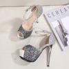 New Sequined Thin Heel Fish Mouth Hollow Waterproof Table Buckle Banquet Wedding Sandals Super High Heels Women's Single Shoes