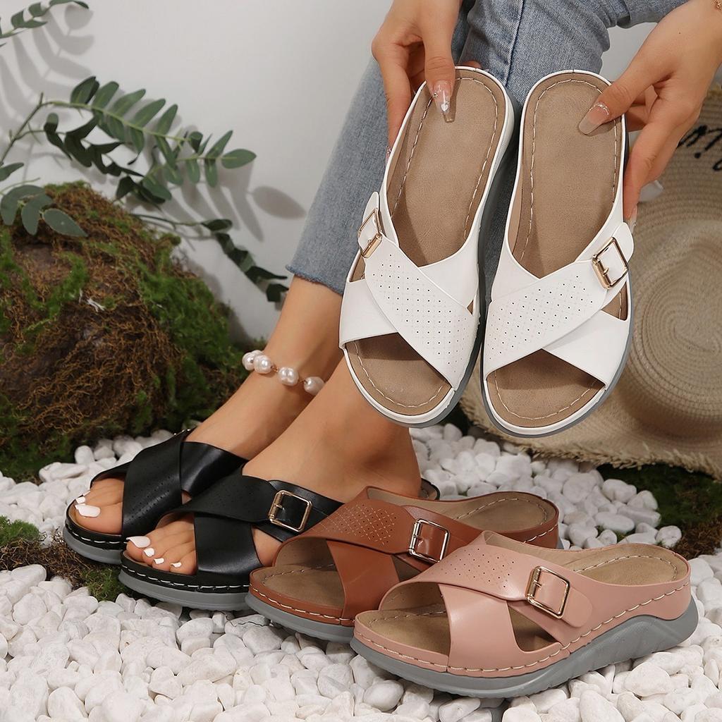 Foreign Trade European and American Large Size Thick-soled Slope Heel Cool Slippers Cross Belt Buckle Beach Sandals Casual Fashion Outer Women's Shoes