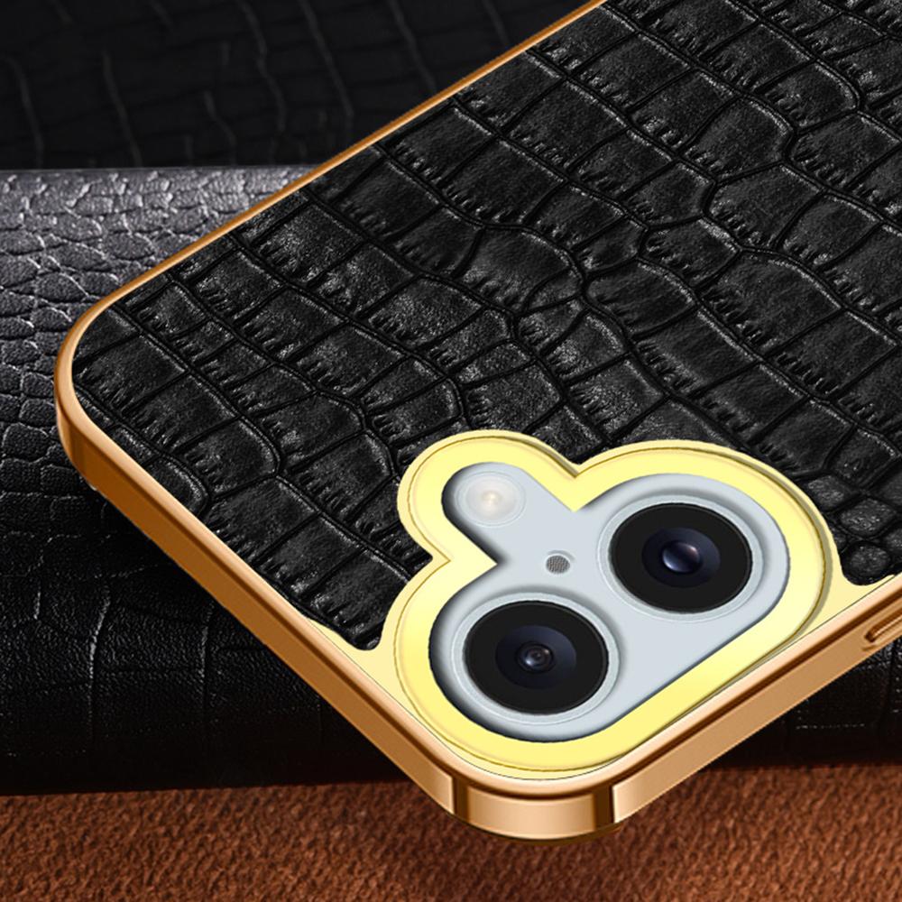 For iPhone 16 Case Crocodile Texture Leather+TPU Electroplating Phone Cover with Ring Kickstand - Black