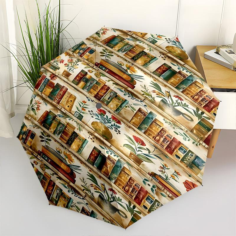 Bookshelf Floral Themed Automatic Opening and Closing Umbrella, Brightly Colored 8-rib Portable Umbrella, Suitable for Men and Women, A Perf