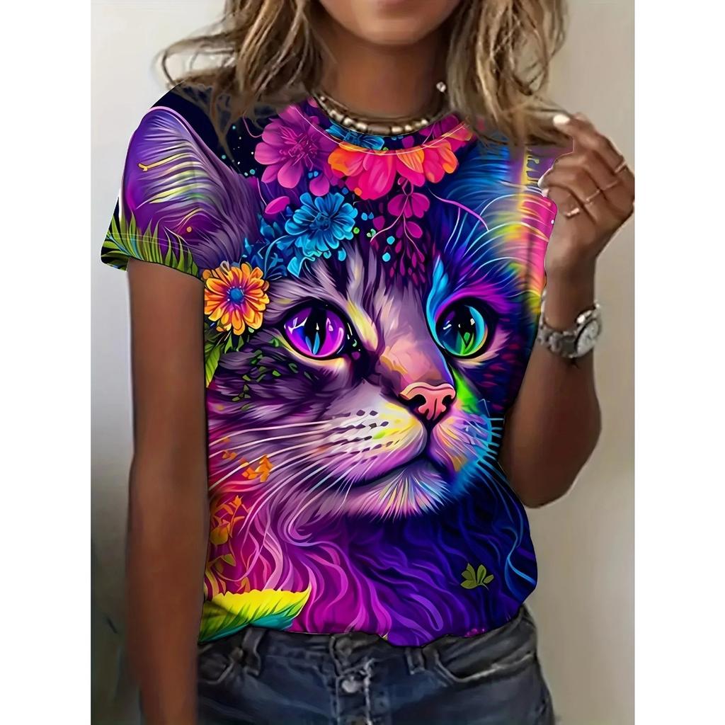 2025 Summer New Women's 3D Digital Printed T-shirt Creative Animal Pattern Round Neck Casual Short Sleeve Loose Fashion Top