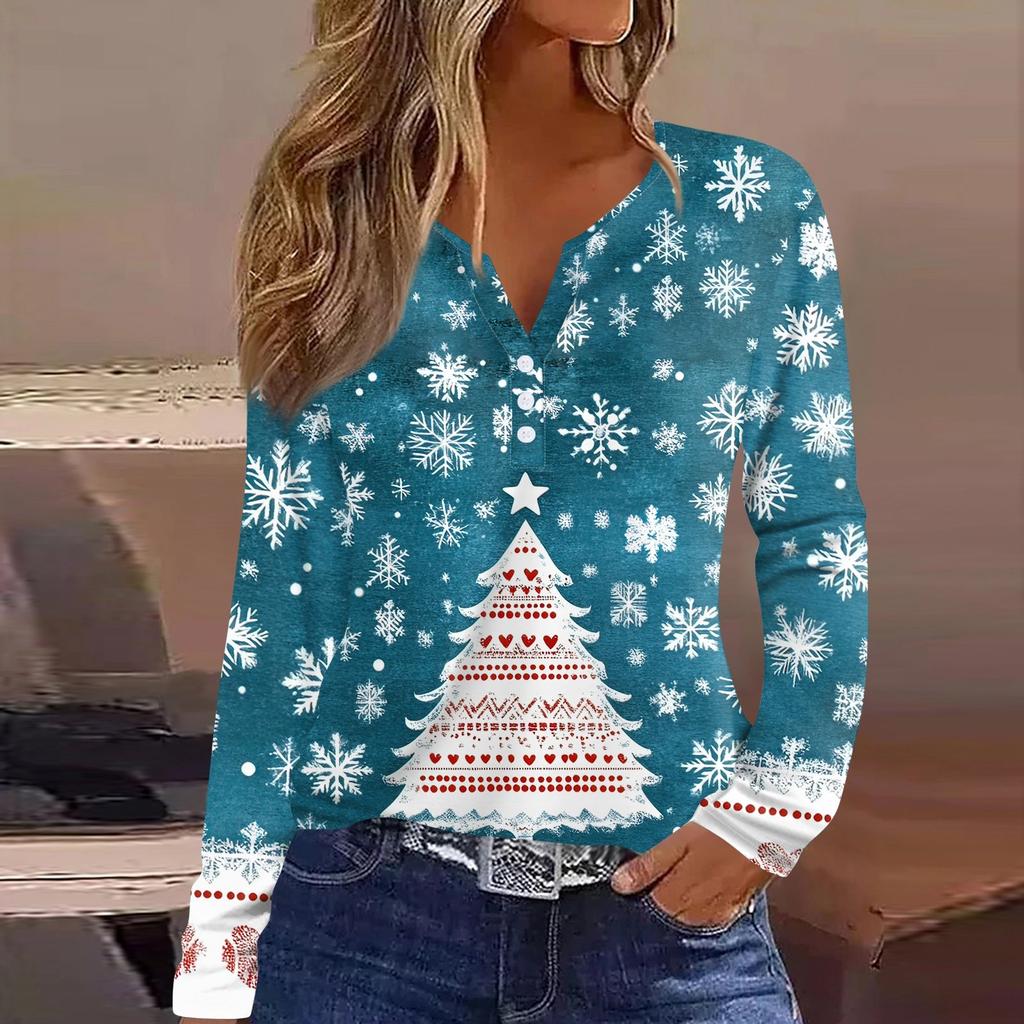 Women's T Shirt Tee Christmas Print Button Long Sleeve Daily Weekend Fashion Basic V- Neck Regular Top