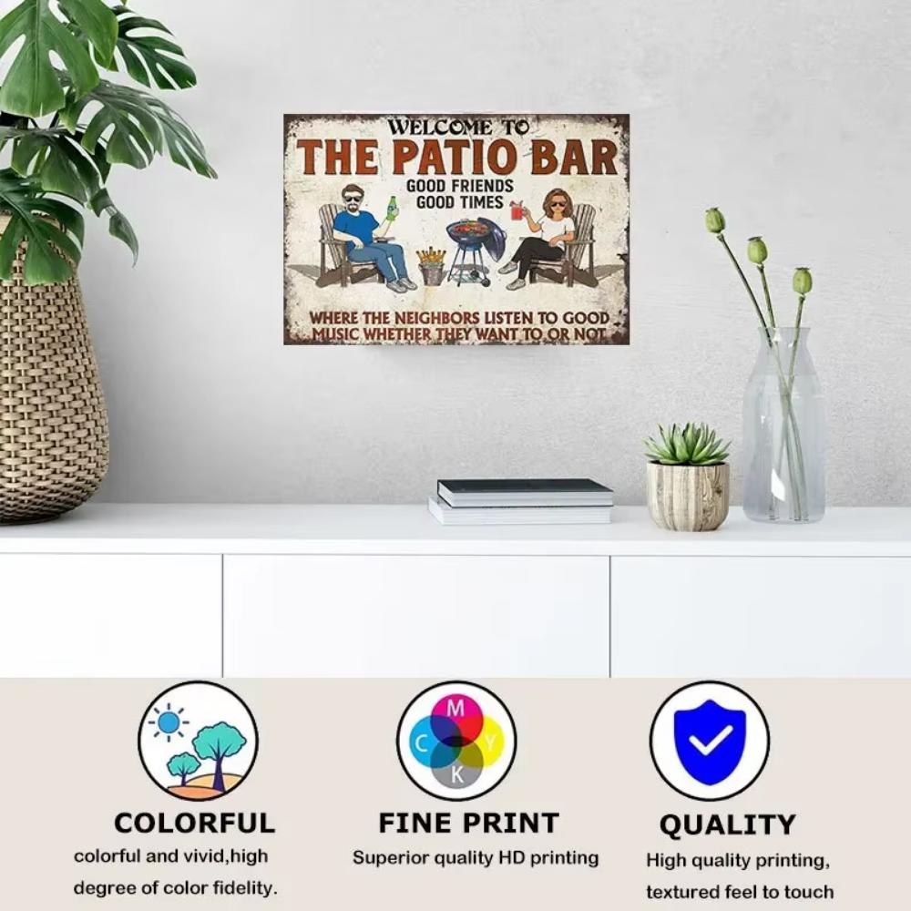 1 шт., классическая металлическая табличка, 8x12 дюймов, добро пожаловать на террасу бара, хорошие друзья, приятно провести время, барбекю, послушать хорошую музыку, пара
