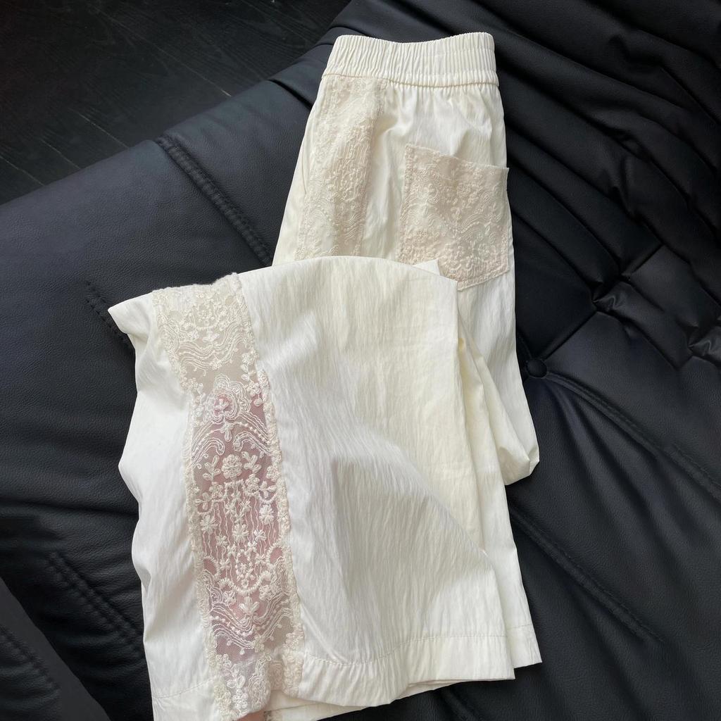 Кружевные брюки-палаццо для женщин - Летние тонкие с высокой посадкой повседневные в китайском стиле белые охлаждающие брюки из ледяного шелка