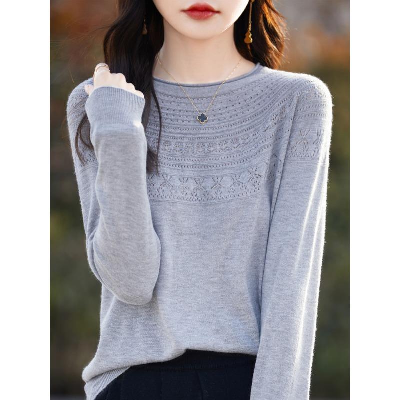 One-line Ready-to-wear Rolled Round Neck Hollow Wool Sweater for Women In Summer Loose Versatile Thin Wool Base Shirt for Women