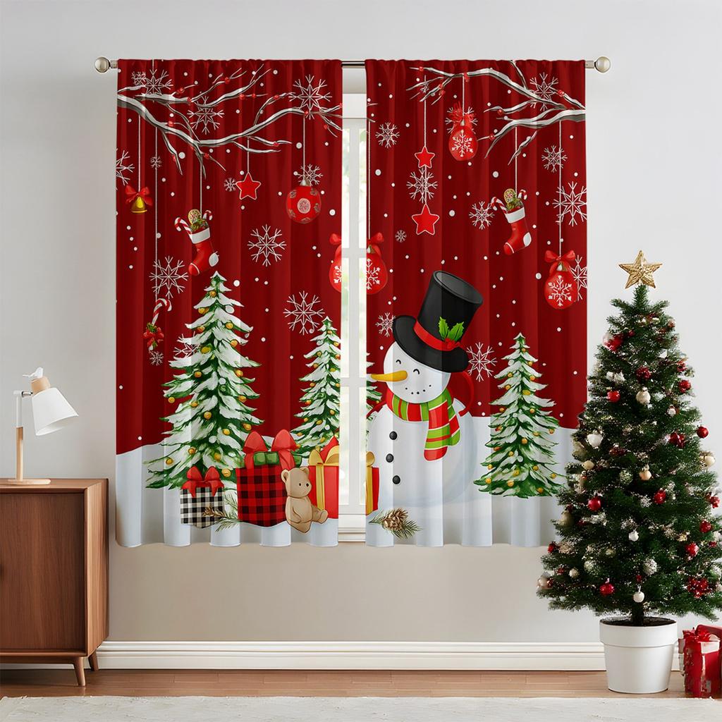 A Set Of 2 Christmas Tree Printed Curtain Sets, Suitable For Living Room, Kitchen, Bedroom, Bathroom, Dining Room And Home Decoration