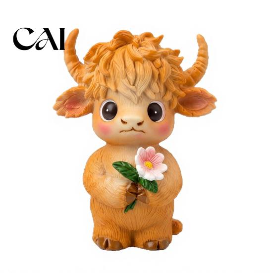 Unique Holiday Presents for Her Highland Cow Holding Flower Statue, Cute Resin Animal Figurine, Small Crafts Desk Farmhouse Sculpture Shelf