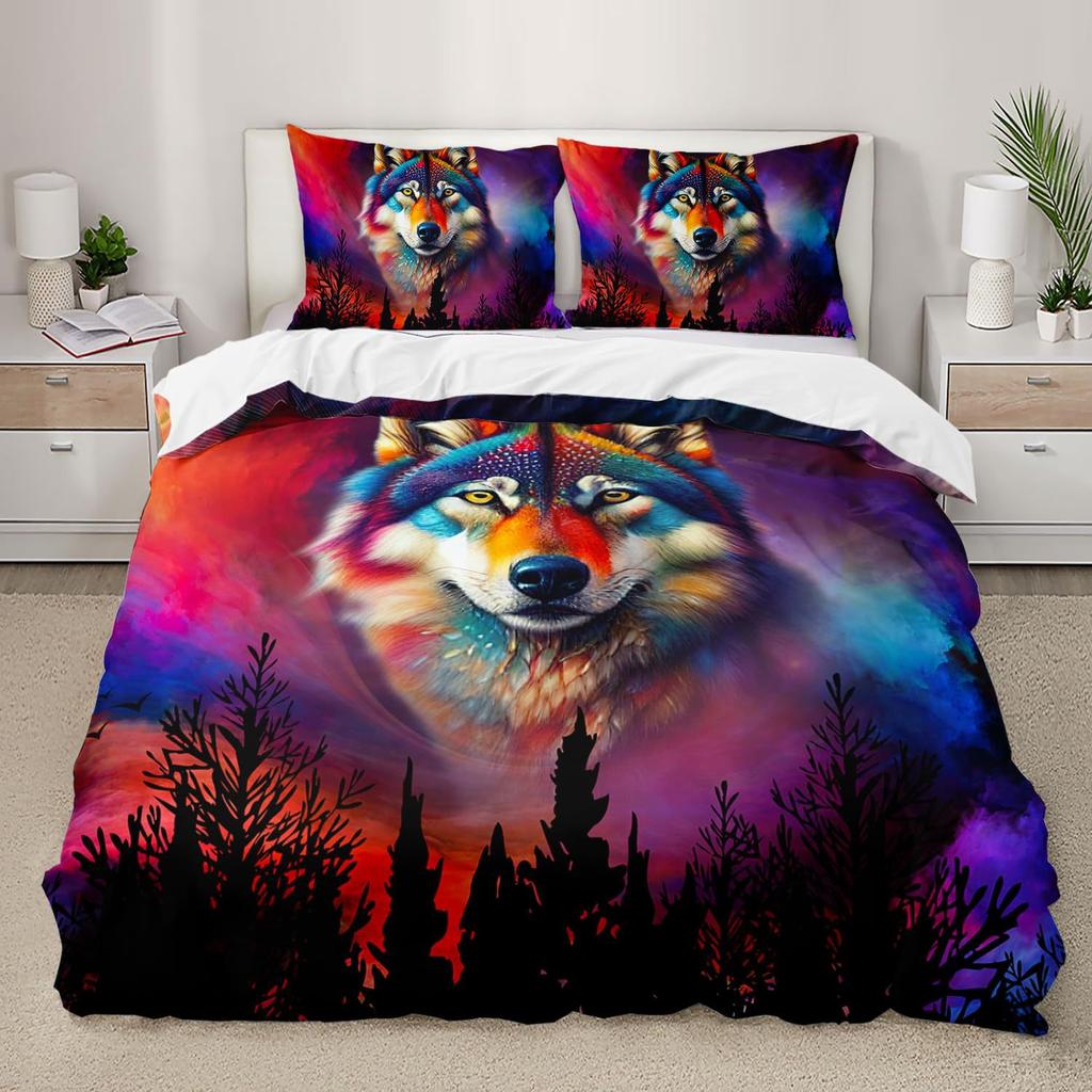 Purple Starry Night Galaxy Wolf Three-piece Quilt Cover 3D Digital Printing Bedding Set Bed Cover
