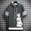 Men Summer Hoodie Cartoon Cat Letter Print T-shirt Hooded Drawstring Short Sleeve Pullover Tops