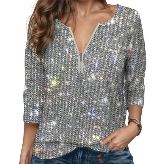 Женская рубашка с круглым вырезом на молнии с полузастежкой и длинным рукавом, пуловер, топы, сверкающие