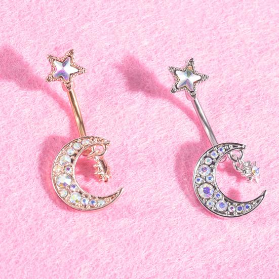 Women Moon Star Colorful Rhinestone Navel Ring Body Piercing Jewelry
