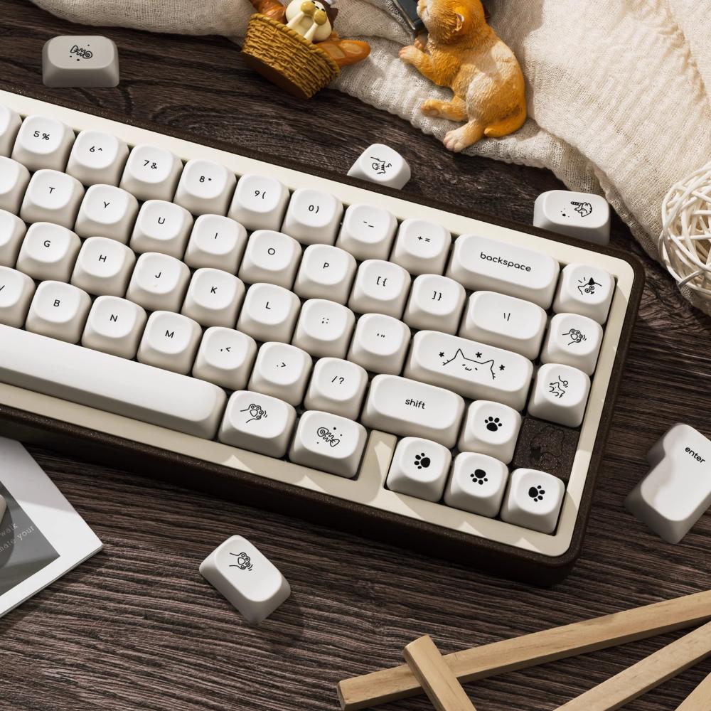 Happy Kitty Cat Keycap Set PBT Thermal Sublimation 124 Keys MOA Height Milk White Girls Mechanical Keyboard Keycaps