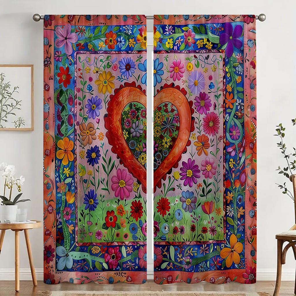 2pcs Vivid Floral Heart Curtains Rod Pocket Room Darkening Drapes Home Decor for Living Room Bedroom Holiday Window Treatm
