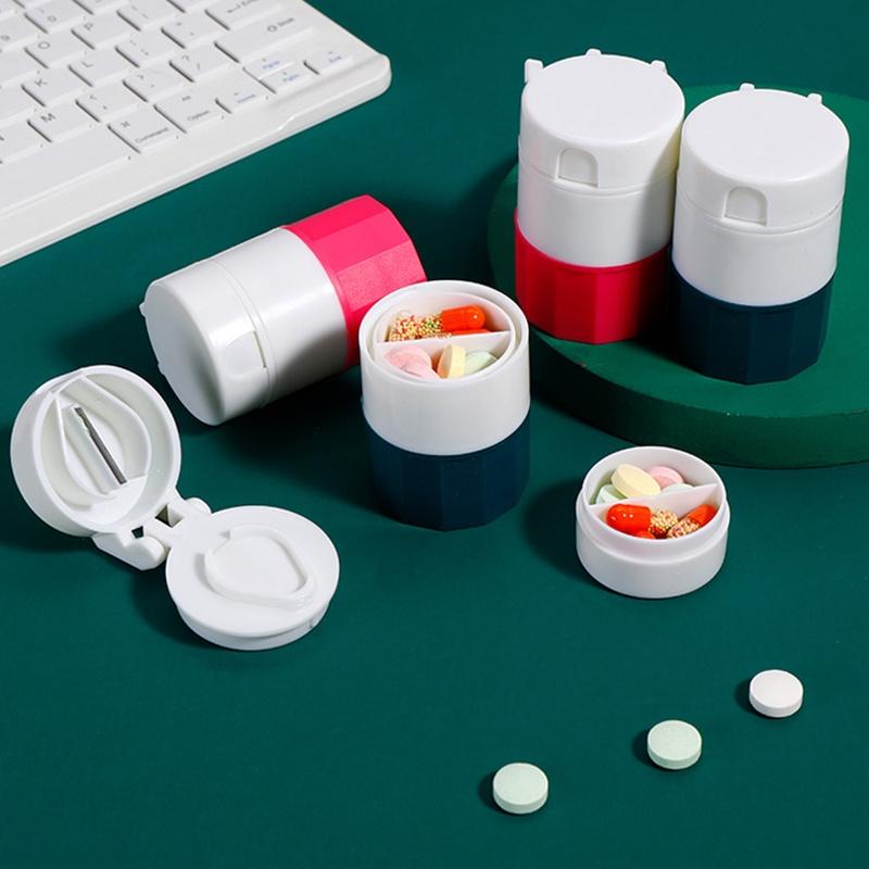 4 In 1 Portable Pill Medicine Crusher Splitter Tablet Divider Cutter Drugs Storage Box Powder Tablet Grinder 4 Layer Travel Pill Box