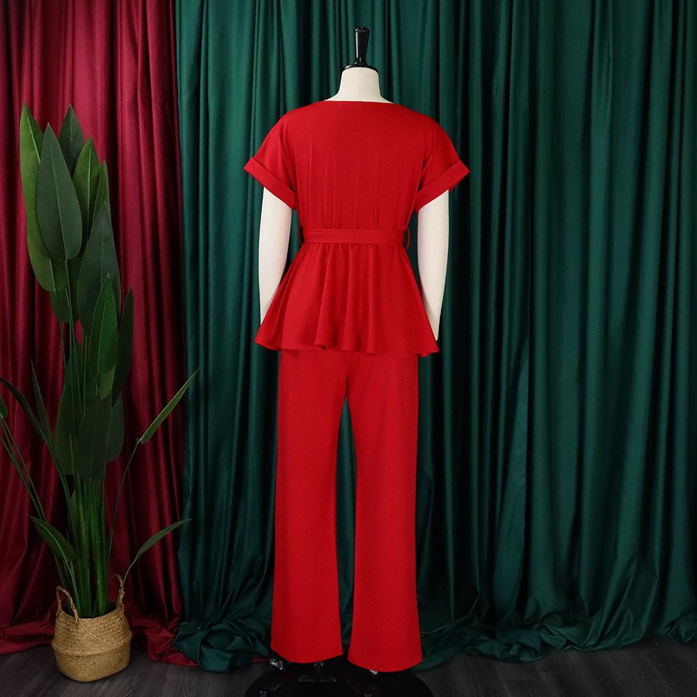 Plus Size Summer Women's Solid Color Tie Short Sleeve Top High Waist Wide Leg Pants Fashion Casual Set